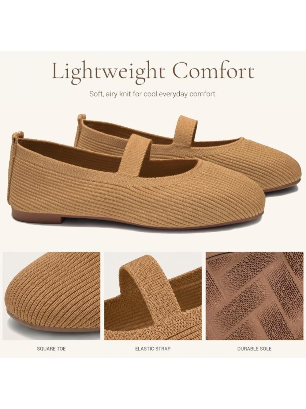 Women's Brown Mesh Comfortable Elastic Strap Casual Square Toe Ballet Flat Shoes - Picture 5 of 6